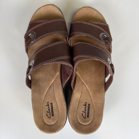 Clarks Collection Women's Size 11M Brown Leather Open Toe Sandals Slides - Picture 7 of 10
